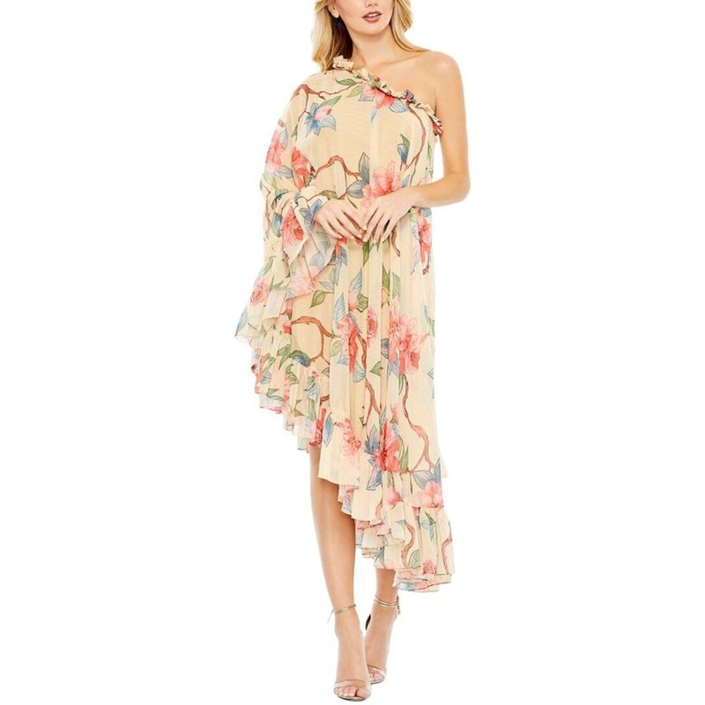 Mac Duggal Cream One-Shoulder Floral Ruffled Long Sleeve Dress